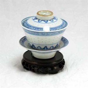 Gaiwans | The Chinese Tea Shop 1970s Blue and White Porcelain "Rice Grain Pattern" Hand-Painted Gaiwan Gaiwans Gaiwans