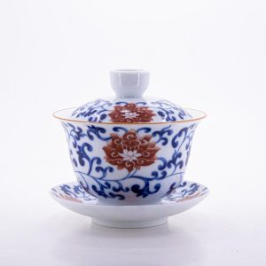 Gaiwans | The Chinese Tea Shop Brow Rim Blue and White Big Red Flower Porcelain Chan Zhi Lian Design Gaiwan #2a Gaiwans Gaiwans