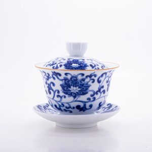 Gaiwans | The Chinese Tea Shop Brown Rim Blue and White Porcelain Gold Rim Chan Zhi Lian Design Gaiwan #3a Gaiwans Gaiwans